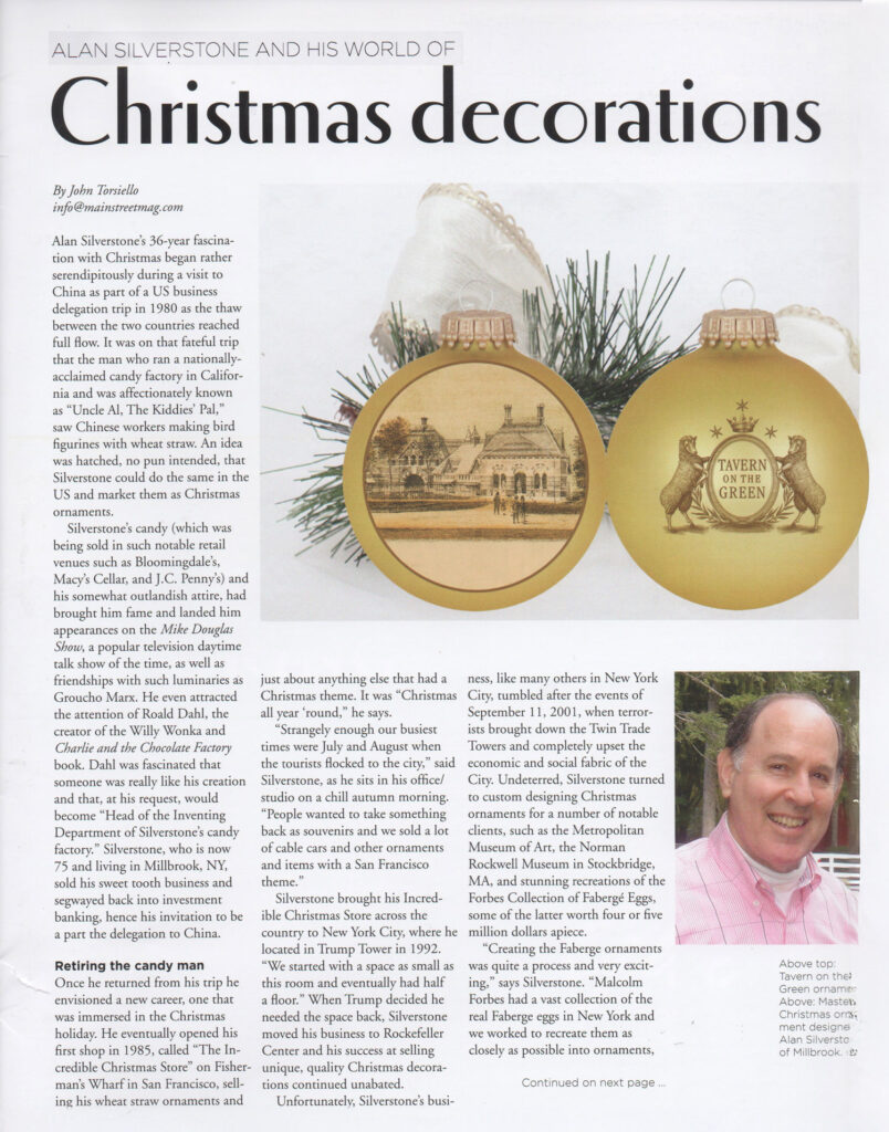 Magazine article about Christmas decorations featuring gold ornaments with historical buildings.