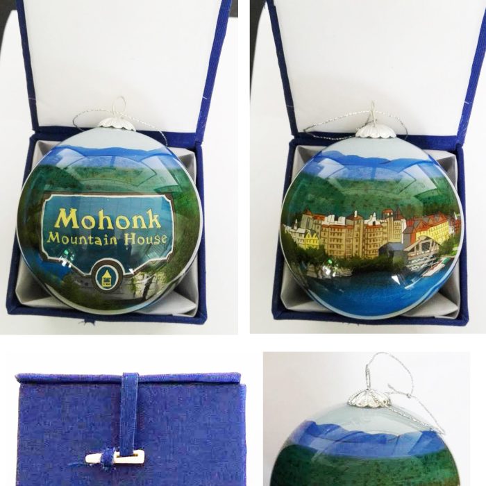 Mohonk Mountain House Hand inside Painted Glass Ball Ornament in blue fabric gift box